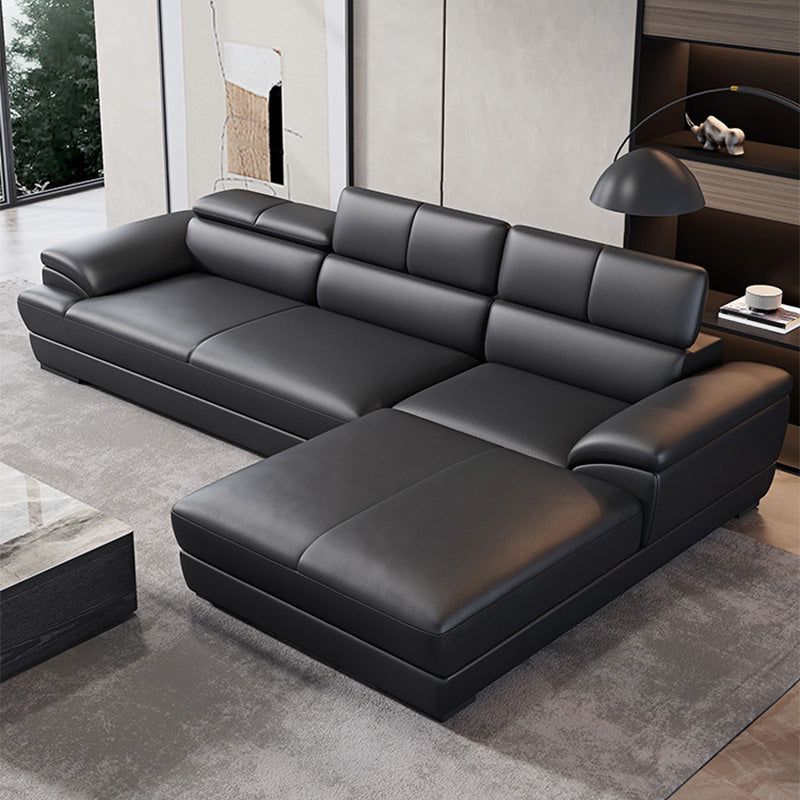 Genuine Leather Pillow Top Arm Sectional Sofa 27.55"High Cushion Back Sofa,Black