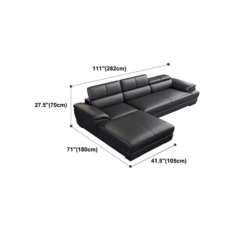Genuine Leather Pillow Top Arm Sectional Sofa 27.55"High Cushion Back Sofa,Black