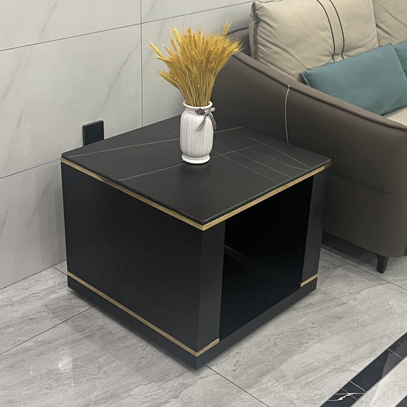 Contemporary Square Stone Top End Table Double Tier Sofa Side Table