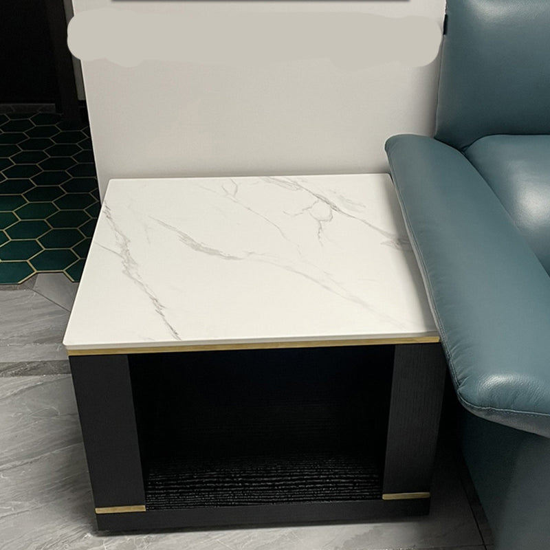 Contemporary Square Stone Top End Table Double Tier Sofa Side Table