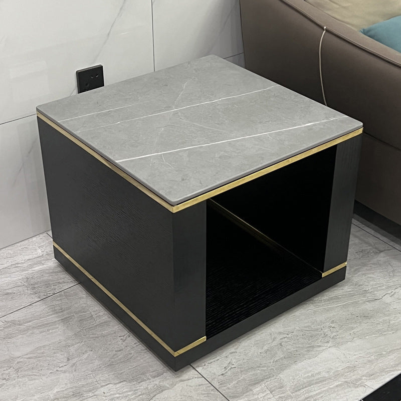 Contemporary Square Stone Top End Table Double Tier Sofa Side Table