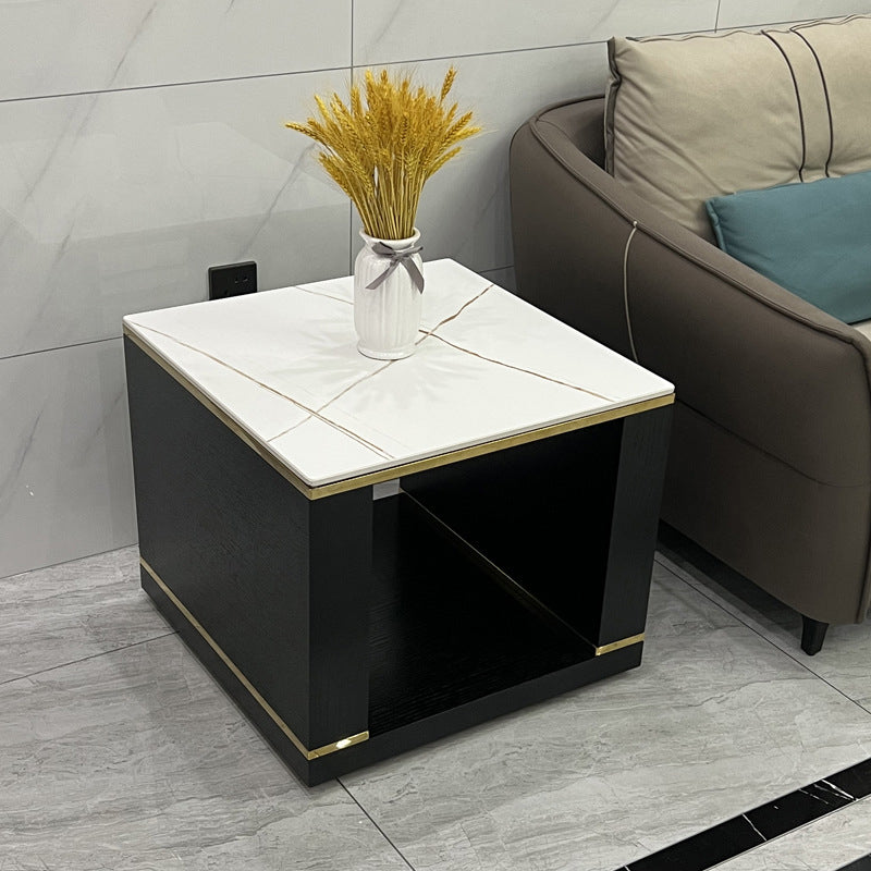 Contemporary Square Stone Top End Table Double Tier Sofa Side Table
