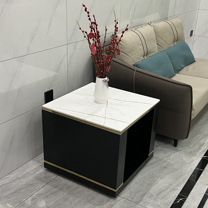 Contemporary Square Stone Top End Table Double Tier Sofa Side Table