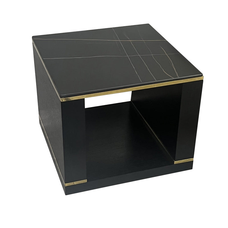 Contemporary Square Stone Top End Table Double Tier Sofa Side Table