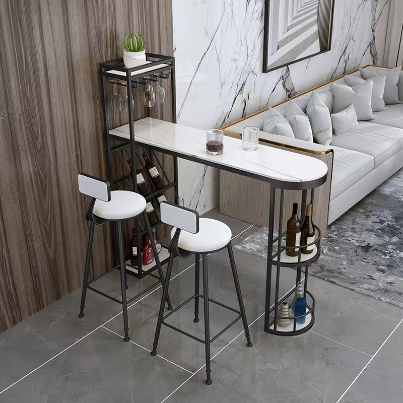 Contemporary Bistro Accent Dining Table Stone and Metal Bar Table with Wine Rack