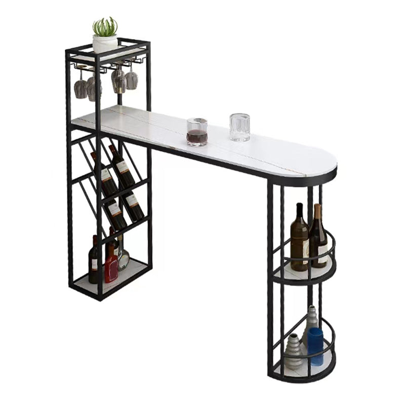 Contemporary Bistro Accent Dining Table Stone and Metal Bar Table with Wine Rack