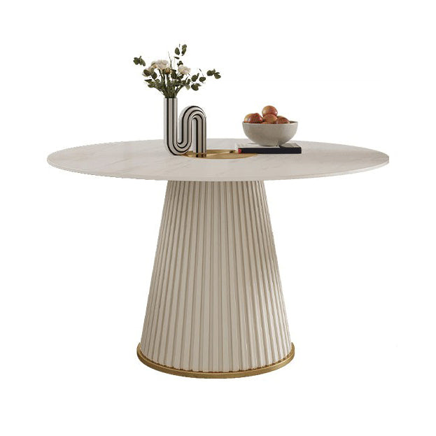 Modern White Round Dining Table Sintered Stone Top Pedestal Base Table