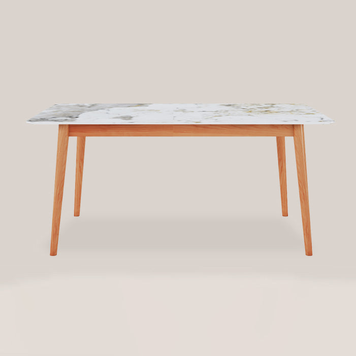 Modern Rectangle Dining Table Sintered Stone Top Table with 4 Wood Legs