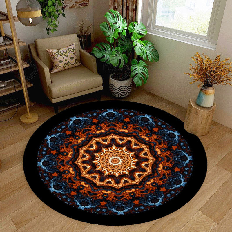 Retro Round Rug Medallion Print Polyester Carpet Non-Slip Backing Area Rug for Living Room