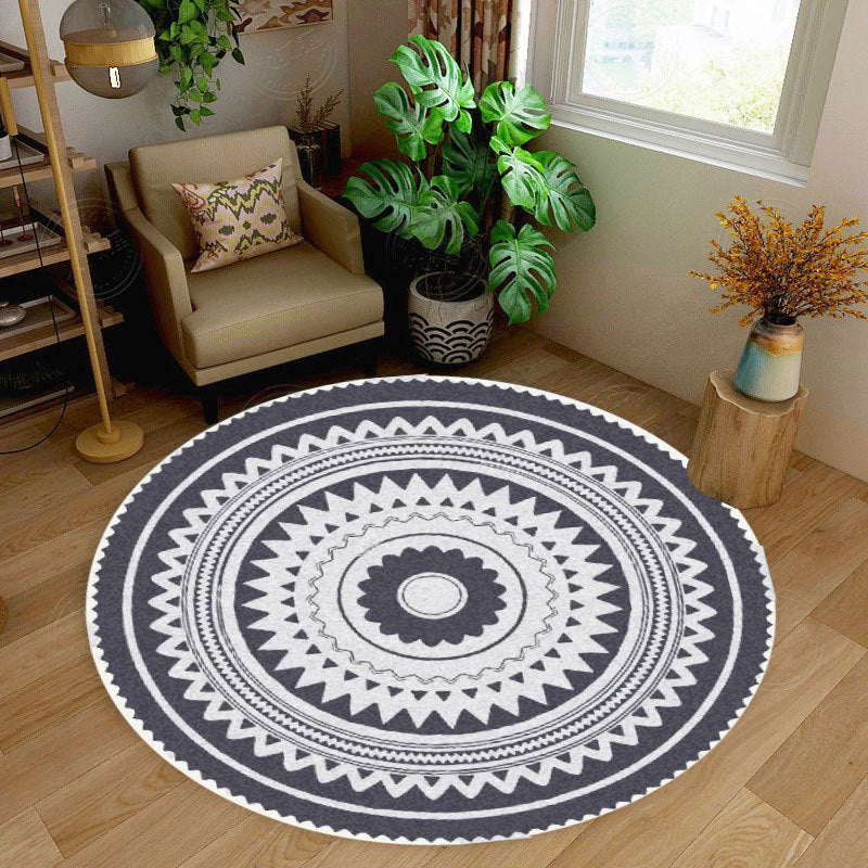 Retro Round Rug Medallion Print Polyester Carpet Non-Slip Backing Area Rug for Living Room