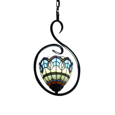 1 Light Bell/Dome Pendant Light Fixture Tiffany Style Yellow and Blue/White Stainless Glass Hanging Ceiling Light for Balcony