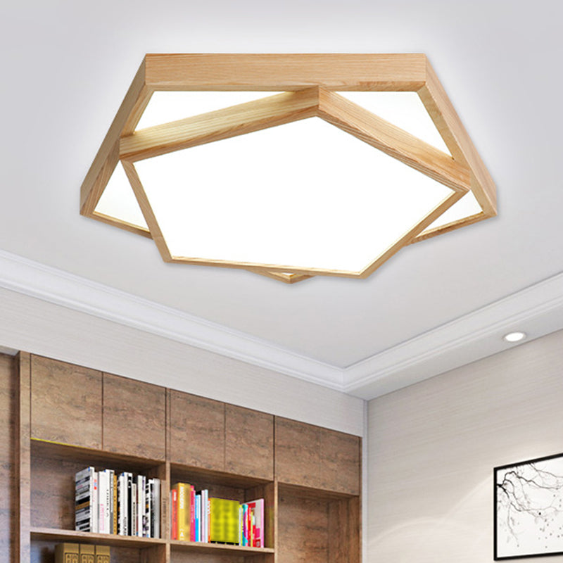 Simple Pentagon Flush Mount Light 2-Light Wood LED Ceiling Light for Bedroom
