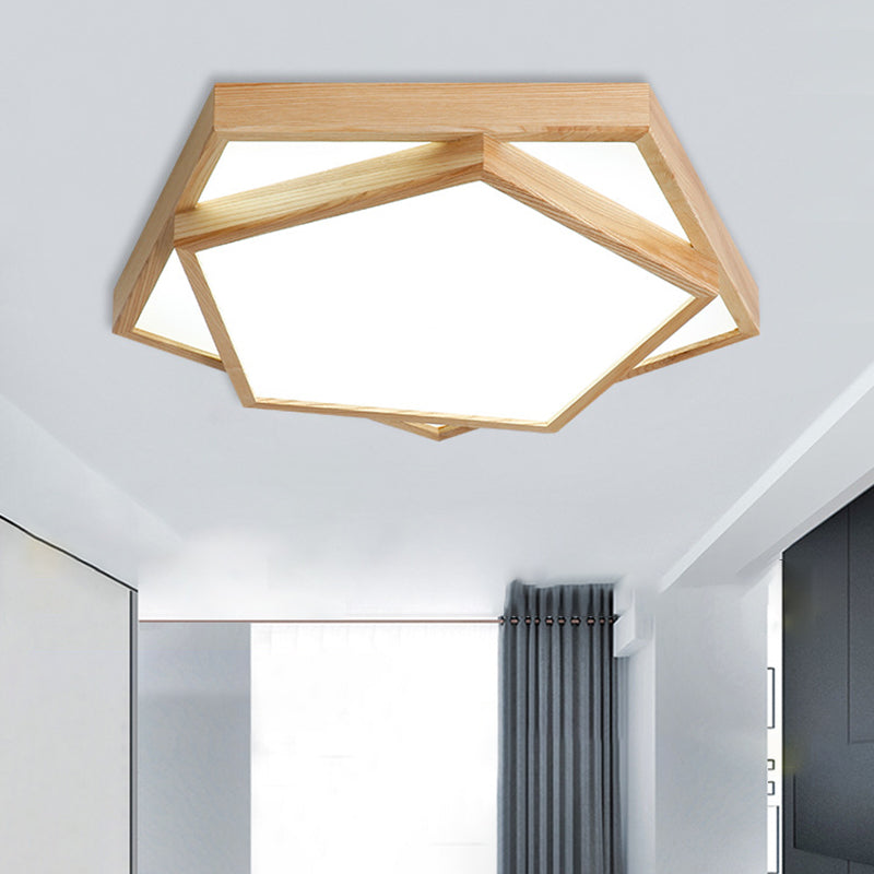 Simple Pentagon Flush Mount Light 2-Light Wood LED Ceiling Light for Bedroom