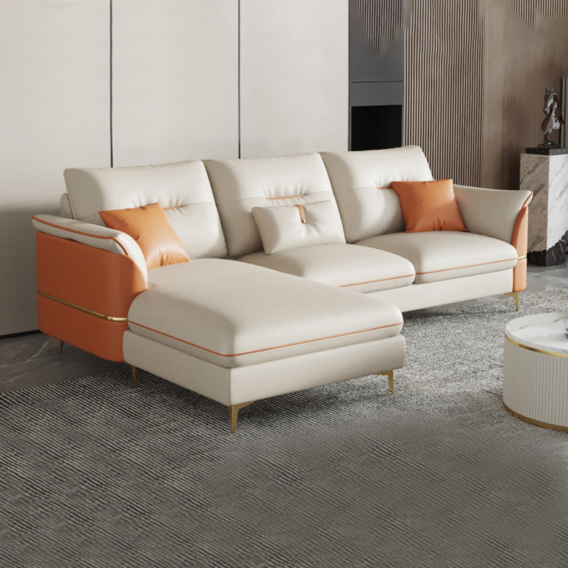 Beige Genuine Leather Pillow Top Arm Sofa/Sectionals With Cushions Metal Legs