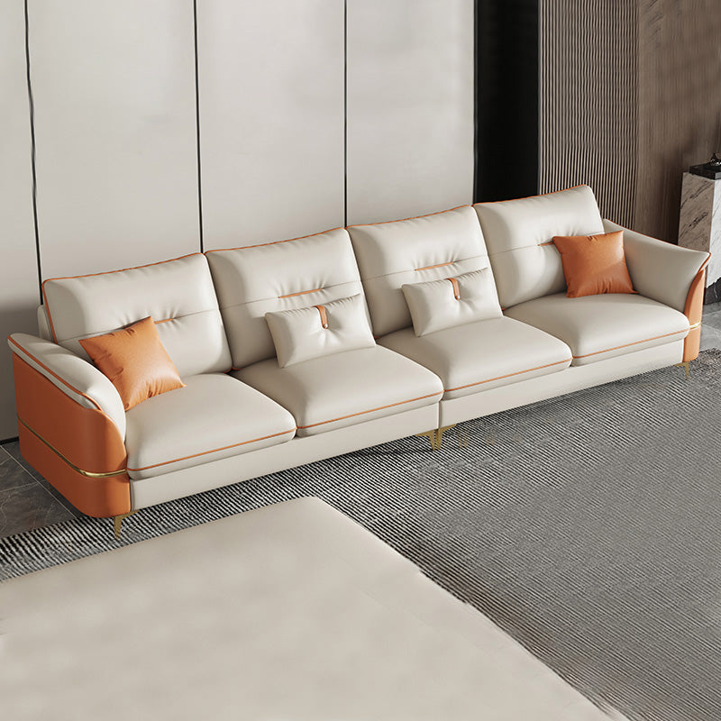 Beige Genuine Leather Pillow Top Arm Sofa/Sectionals With Cushions Metal Legs