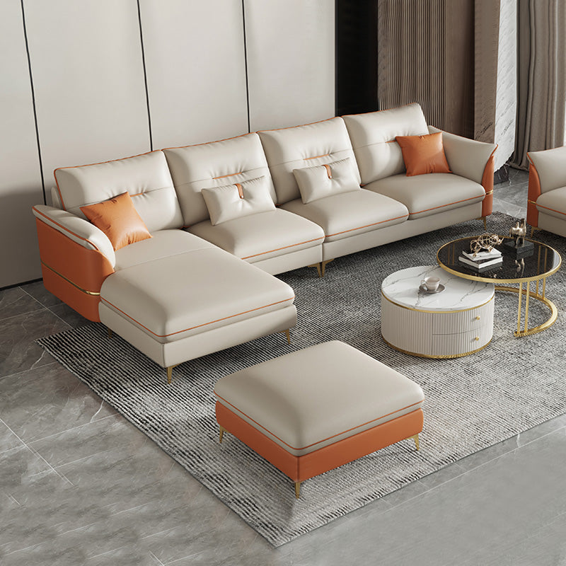 Beige Genuine Leather Pillow Top Arm Sofa/Sectionals With Cushions Metal Legs