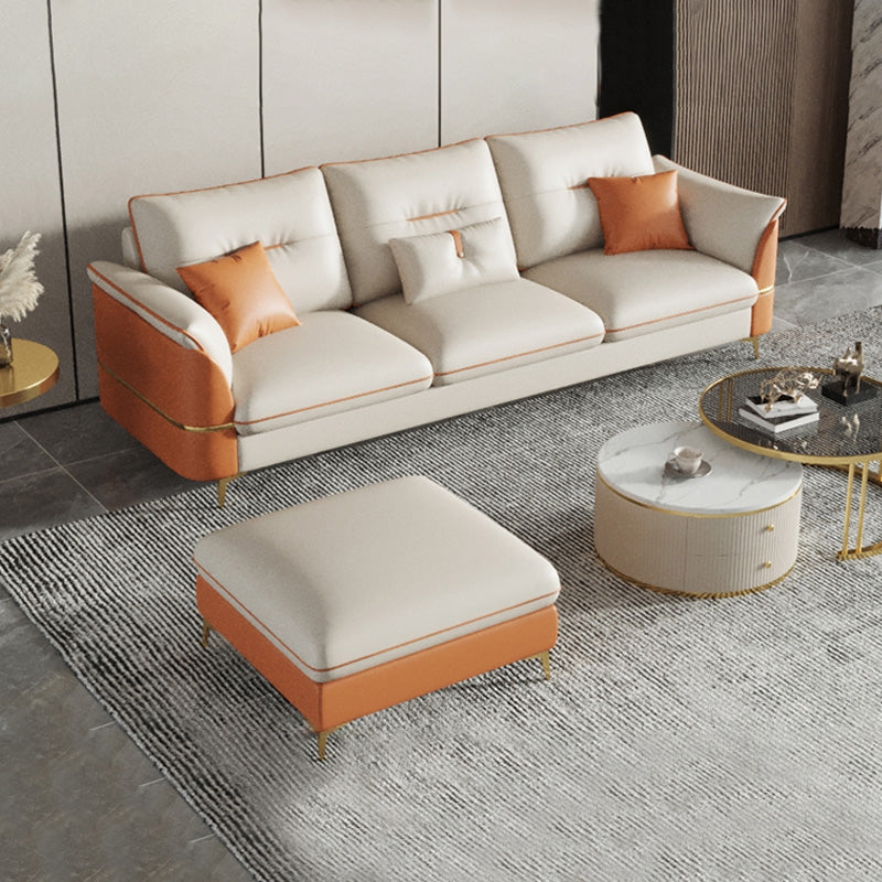 Beige Genuine Leather Pillow Top Arm Sofa/Sectionals With Cushions Metal Legs