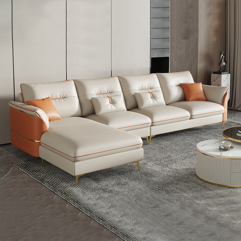 Beige Genuine Leather Pillow Top Arm Sofa/Sectionals With Cushions Metal Legs
