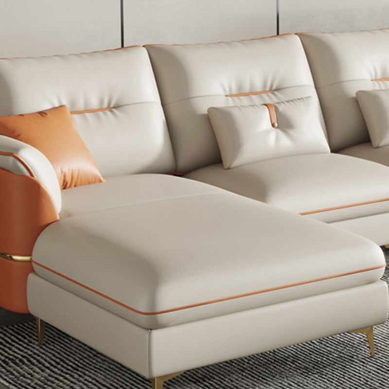 Beige Genuine Leather Pillow Top Arm Sofa/Sectionals With Cushions Metal Legs