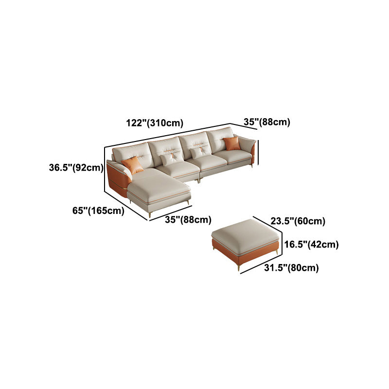 Beige Genuine Leather Pillow Top Arm Sofa/Sectionals With Cushions Metal Legs