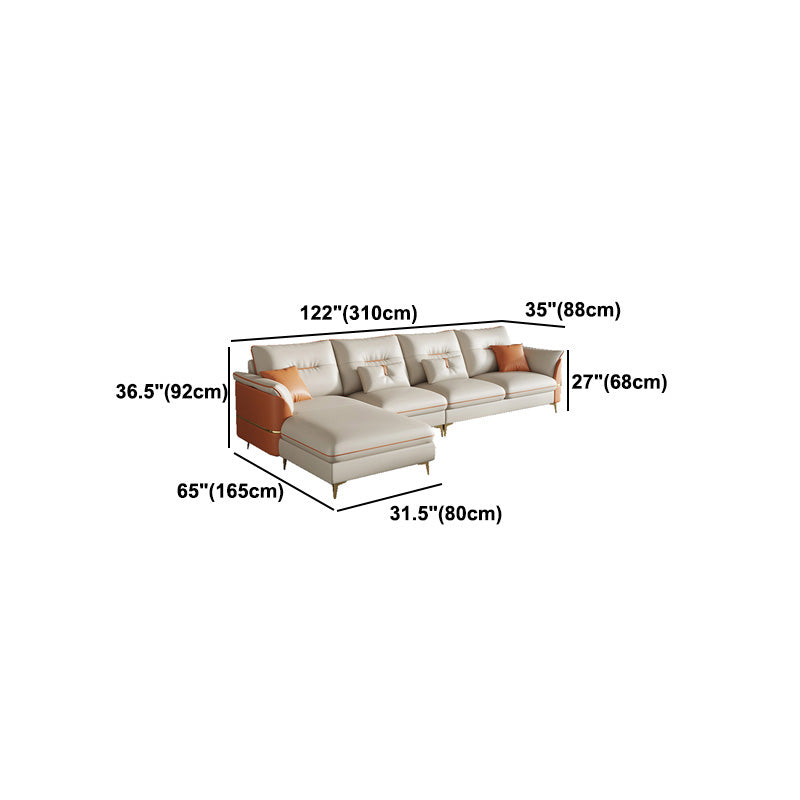 Beige Genuine Leather Pillow Top Arm Sofa/Sectionals With Cushions Metal Legs