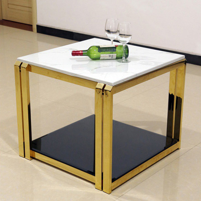 Square Stainless Steel Block End Table Modern Marble Top Corner Table Storage Side Table