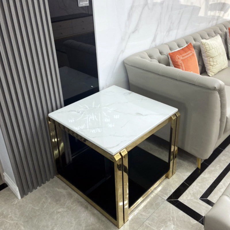 Square Stainless Steel Block End Table Modern Marble Top Corner Table Storage Side Table