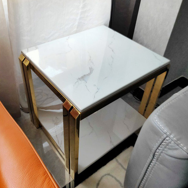 Square Stainless Steel Block End Table Modern Marble Top Corner Table Storage Side Table