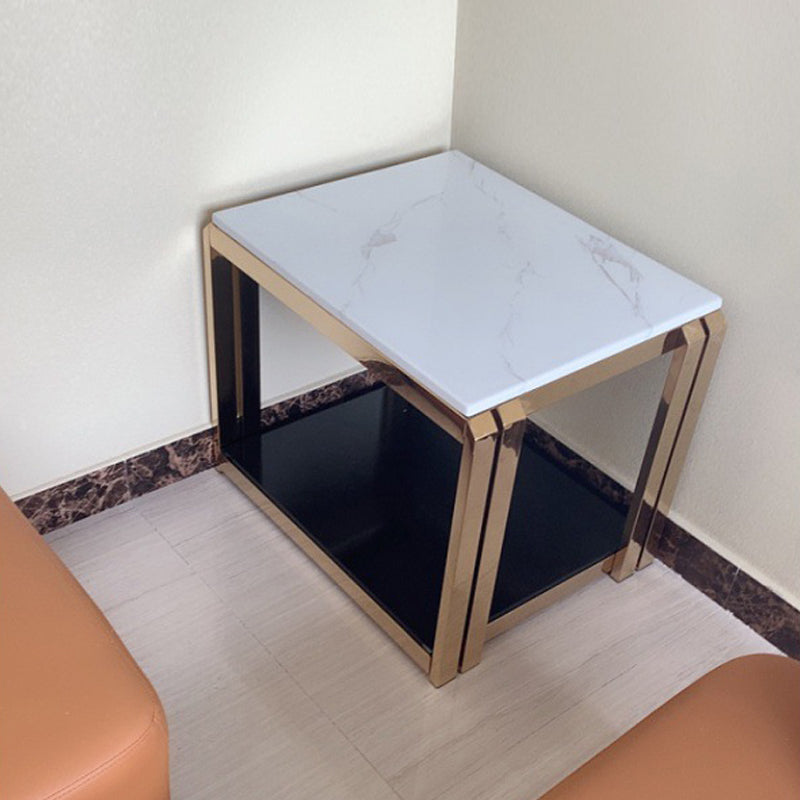 Square Stainless Steel Block End Table Modern Marble Top Corner Table Storage Side Table