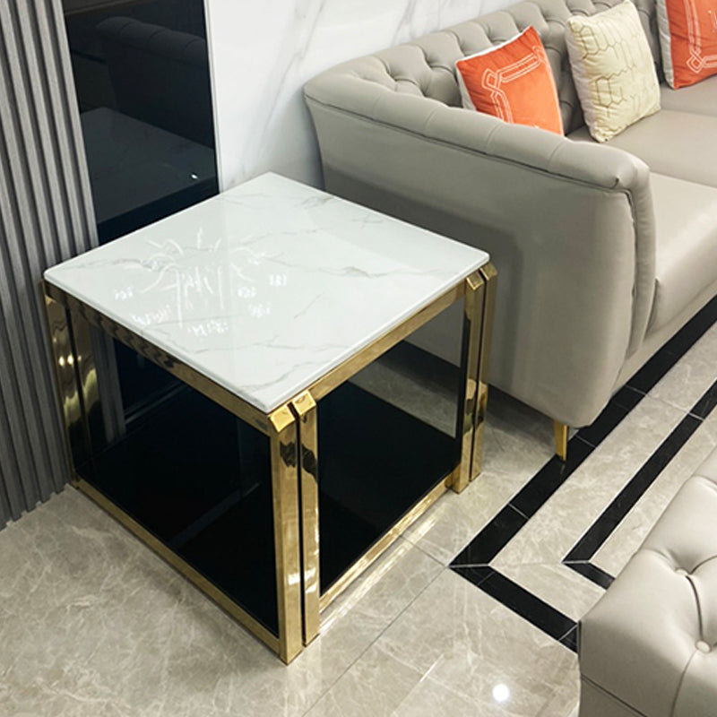 Square Stainless Steel Block End Table Modern Marble Top Corner Table Storage Side Table