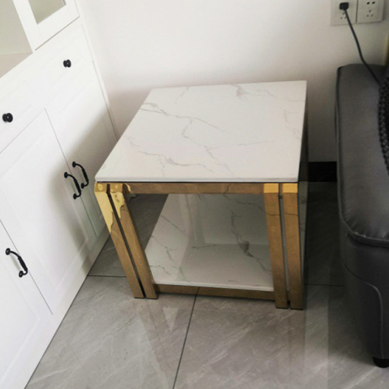 Square Stainless Steel Block End Table Modern Marble Top Corner Table Storage Side Table