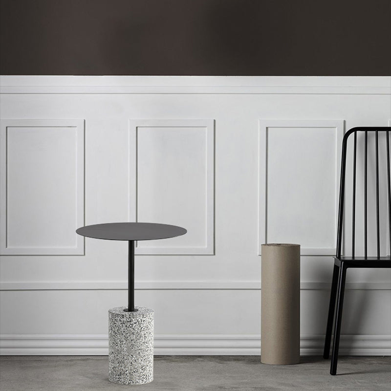 Contemporary Metal Round Side End Table with Single Terrazzo Base