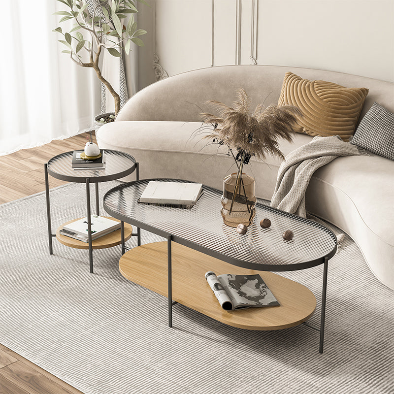 Glass Cross Legs Cocktail Table with Wood Accents Elliptical Coffee Table