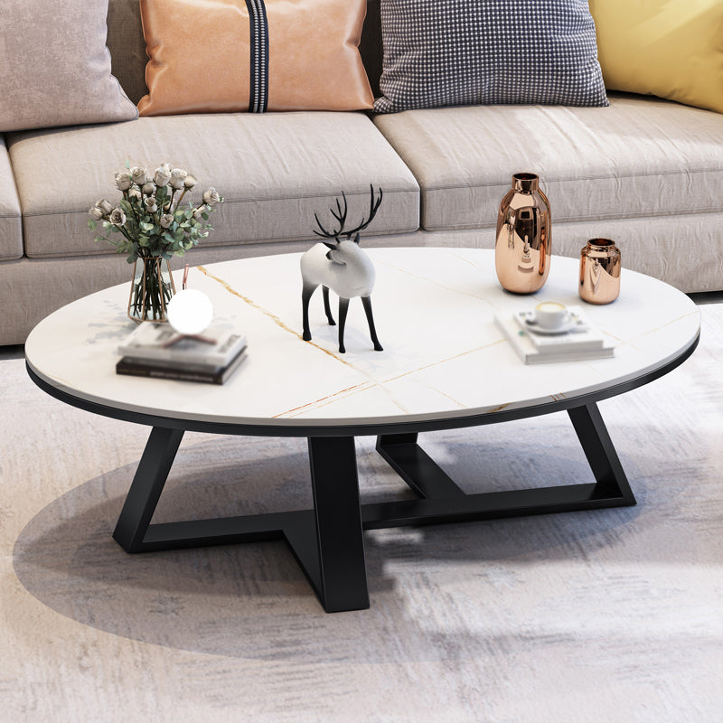 Modern Slate Cross Legs Coffee Table Oval Cocktail Table in Grey/White