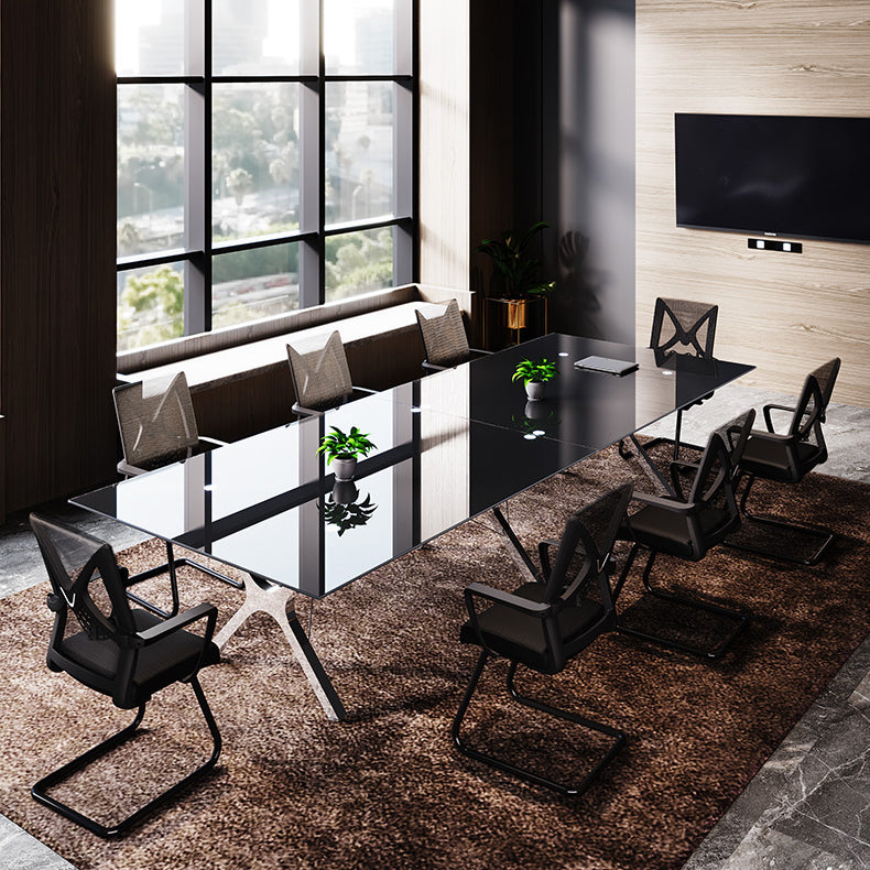 Steel Contemporary Rectangular Dining Table Glass Top Dining Table for Dining Room