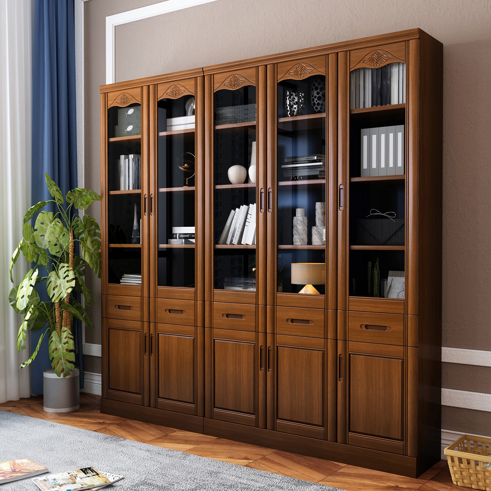 79"H Modern Style Bookcase Solid Wood Closed Back Bookshelf with Door for Home Office