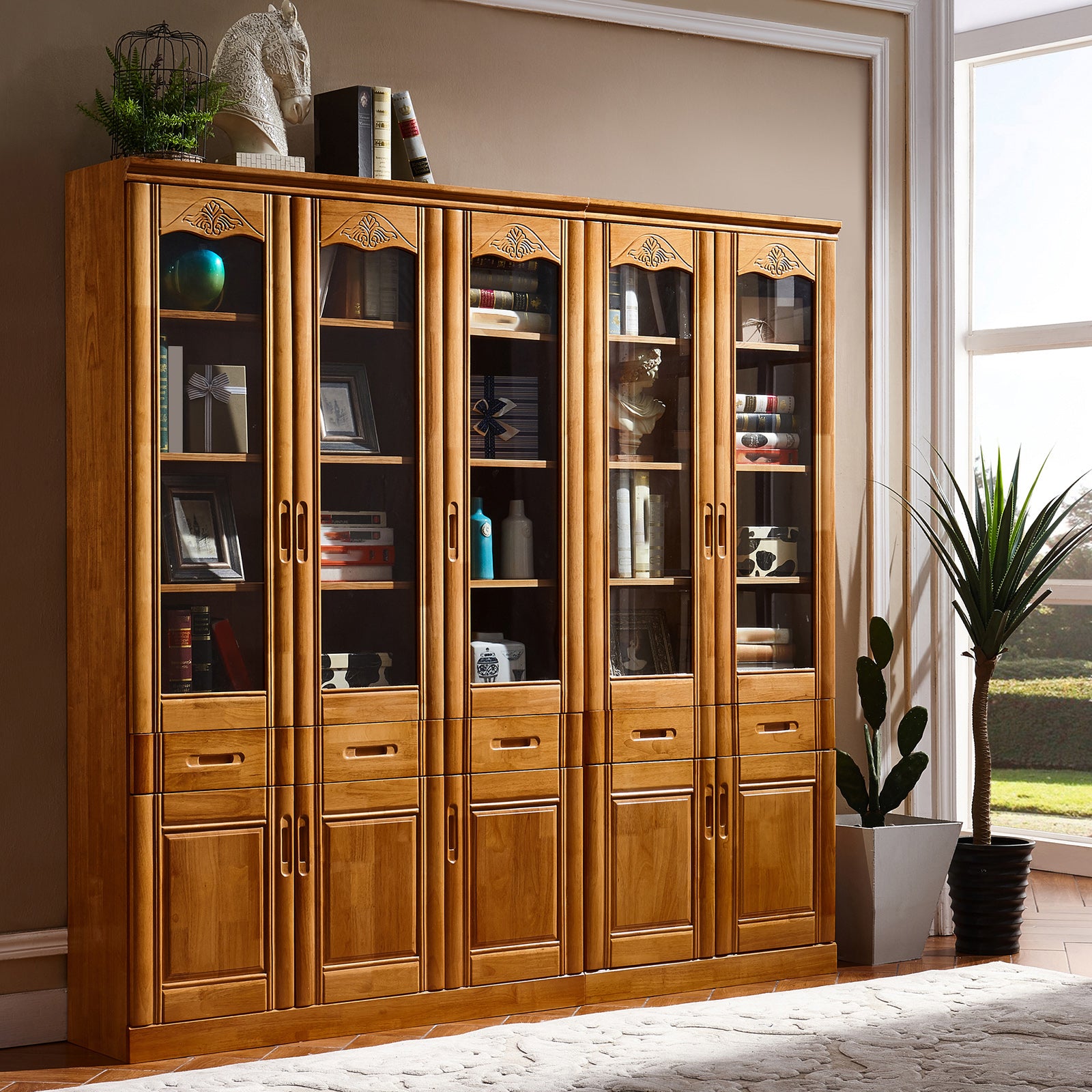 79"H Modern Style Bookcase Solid Wood Closed Back Bookshelf with Door for Home Office