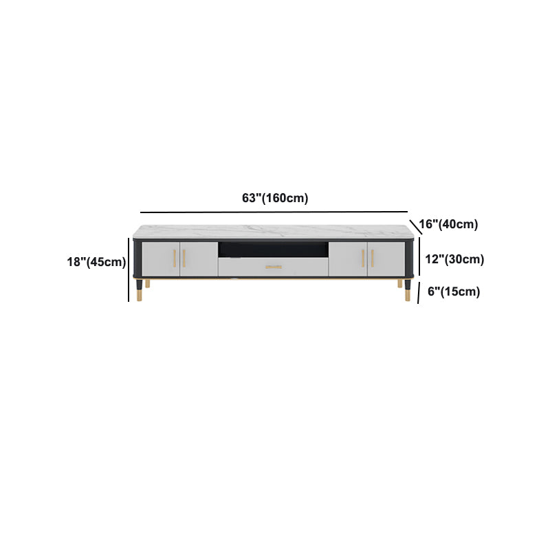 Glam Style TV Stand Stone White Colour Open Storage TV Console with Shelves