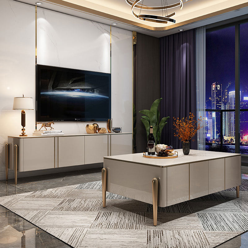 Glass Enclosed Storage TV Stand Luxury Rectangle TV Cabinet with Doors