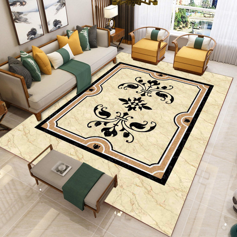 Victoria Floral Pattern Rug White Polyster Carpet Washable Area Carpet for Living Room
