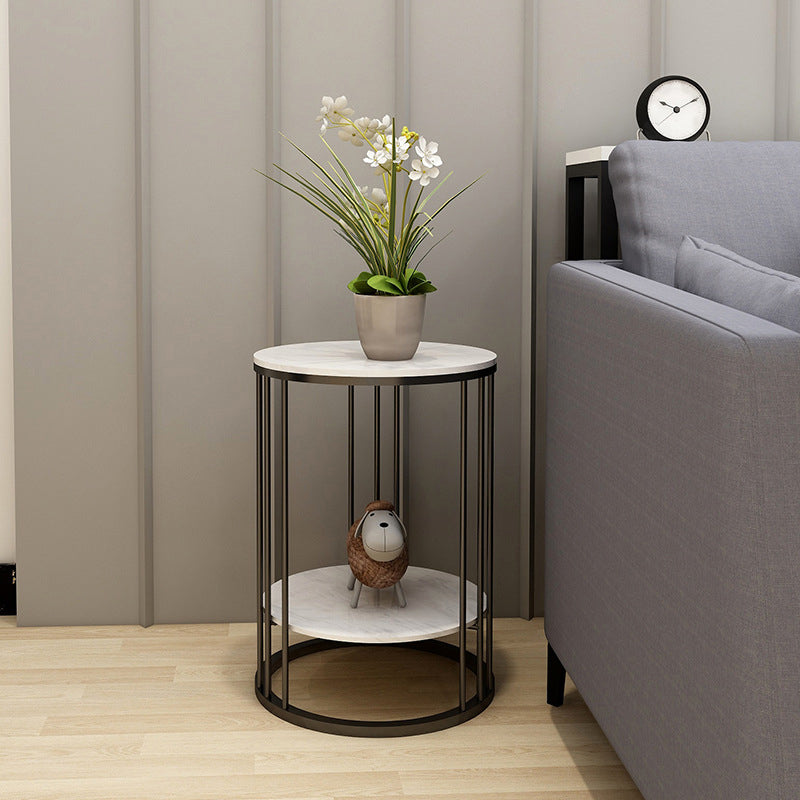 Frame-like Gold/black Metal Base Design Rock Sheet Top with Shelf Round Side Table