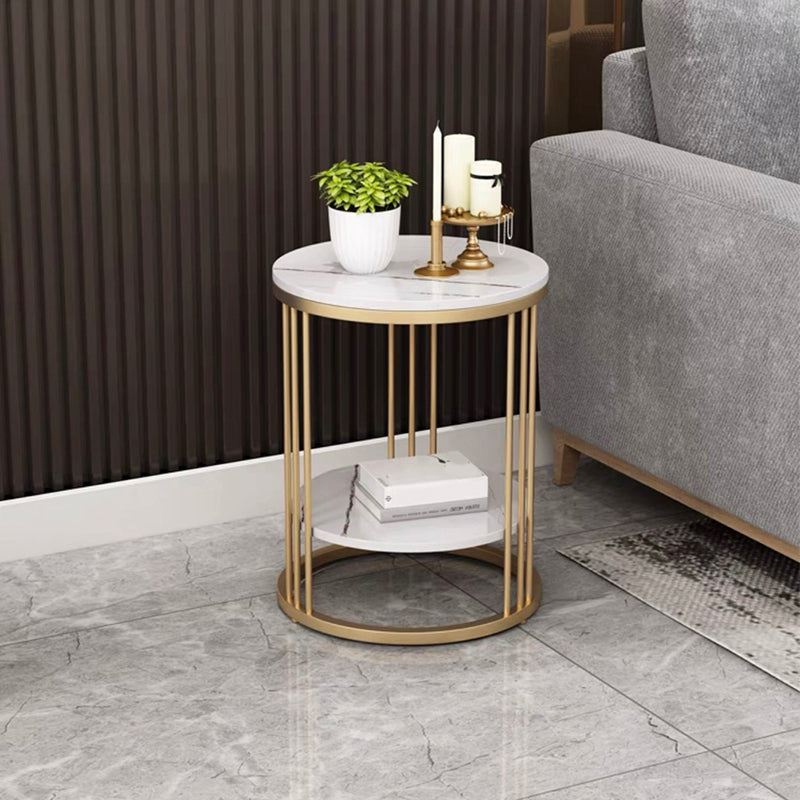 Frame-like Gold/black Metal Base Design Rock Sheet Top with Shelf Round Side Table