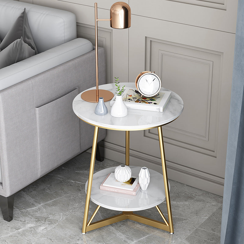 Modern Style Rock Slab Countertop Wood Base Grey/white Rounded Side Table