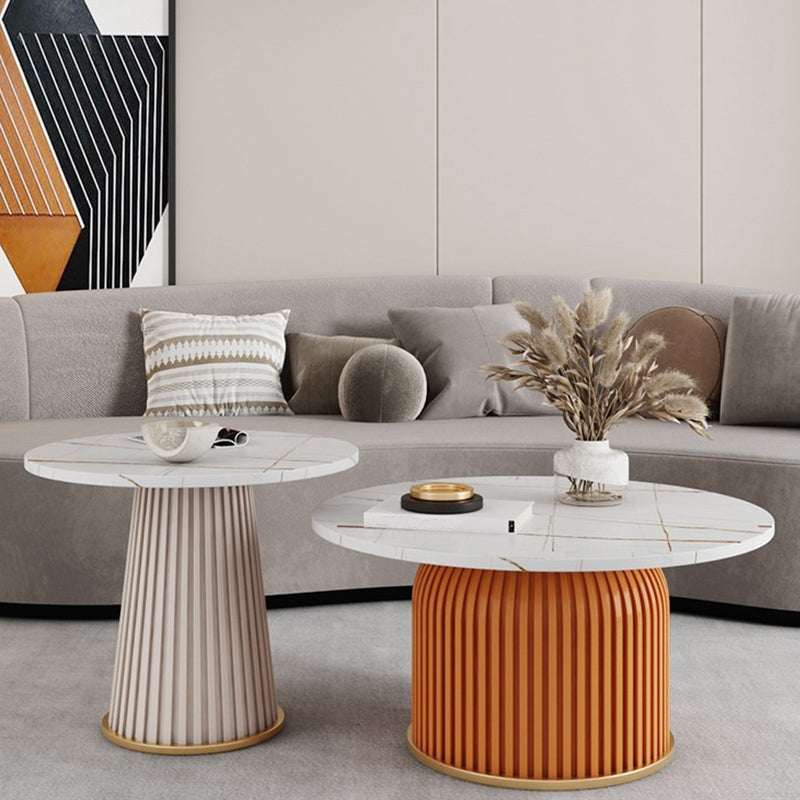 Modern Slate Solid Coffee Table Iron Round Cocktail Table in White/Black
