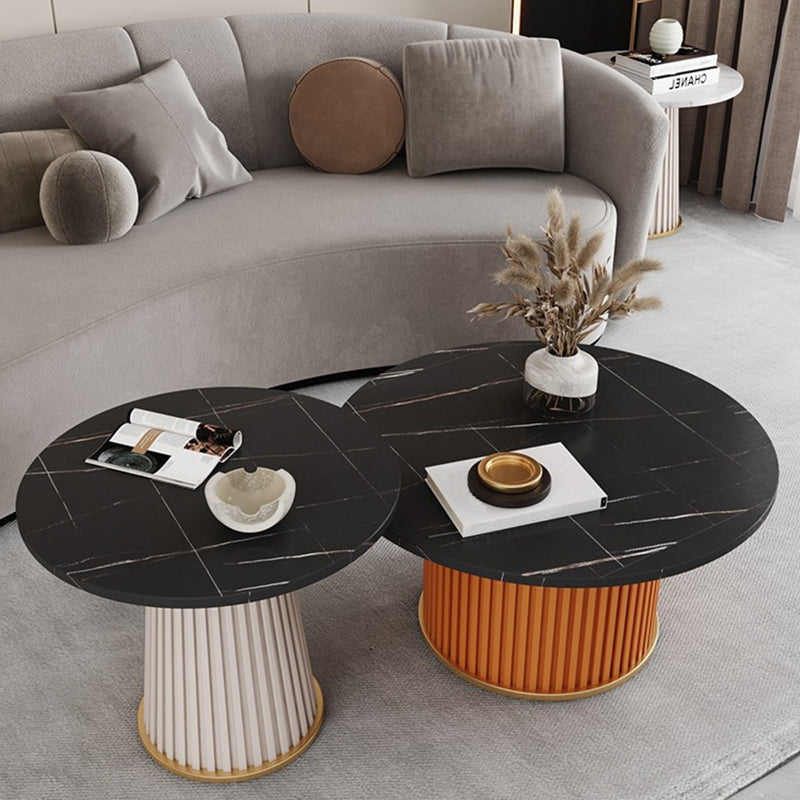 Modern Slate Solid Coffee Table Iron Round Cocktail Table in White/Black