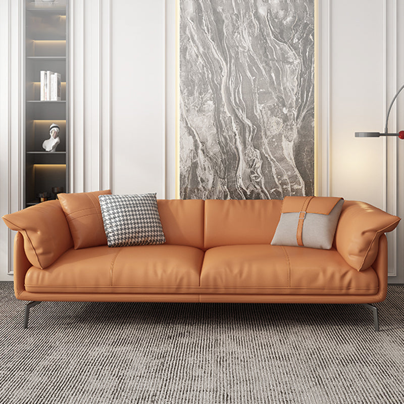 Stationary Stain Resistant Genuine Leather Living Room Pillow Top Arm Sofa