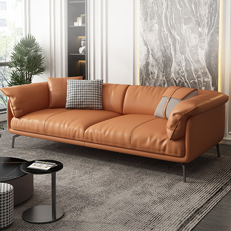 Stationary Stain Resistant Genuine Leather Living Room Pillow Top Arm Sofa