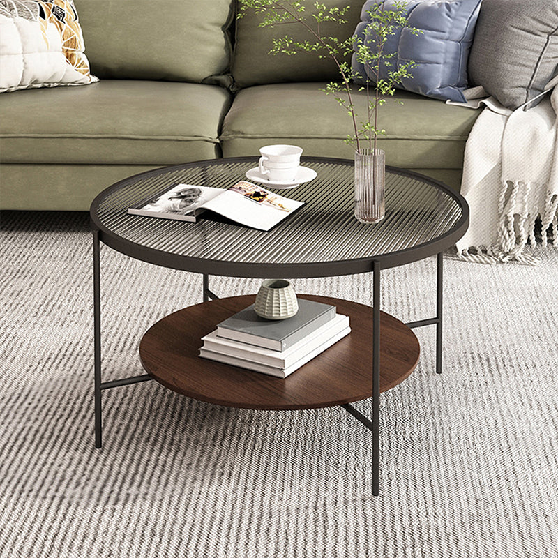 Round 4 Legs Coffee Table 2-Tier Cocktail Table with Wood Accents
