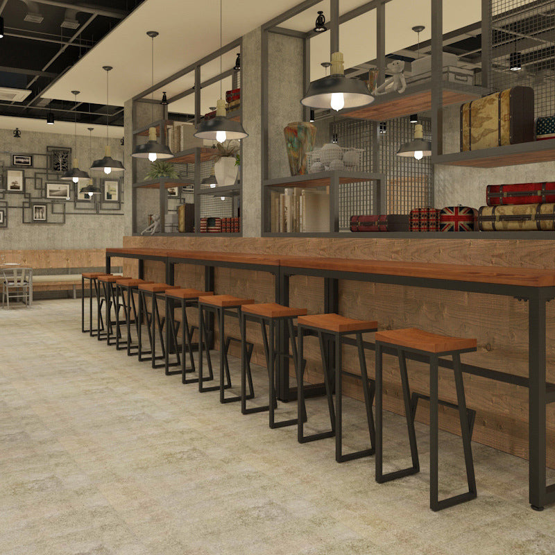 Industrial Wood Top Barstool Iron Sled Pedestal Bar Stool for Indoor
