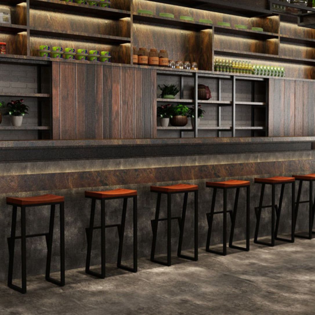 Industrial Wood Top Barstool Iron Sled Pedestal Bar Stool for Indoor